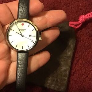 KATE SPADE PARK ROW WATCH MOP DIAL BLACK LEATHER BAND DUST BAG GUC NEEDS BATTERY